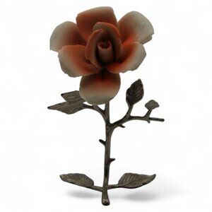 Vintage Capodimonte Style Porcelain Rose On Metal Stem Figurine Decor